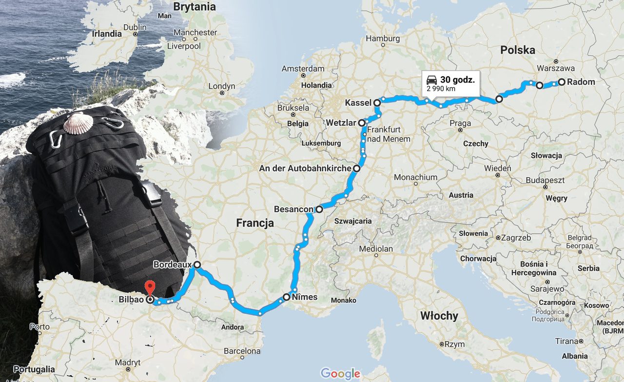 Trasa przejazdu autostopem z Polski do Hiszpanii na Camino del Norte, 2018